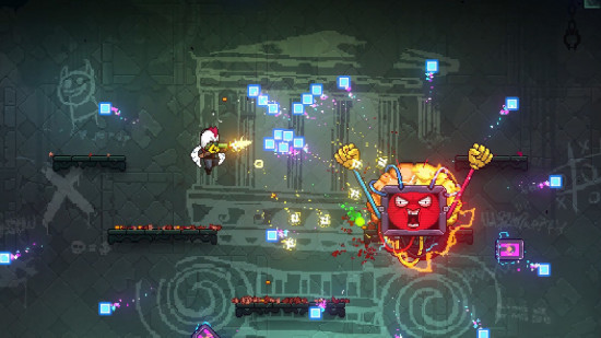 Best Roguelike games: a very surprised looking TV with arms being shot at in Neon Abyss