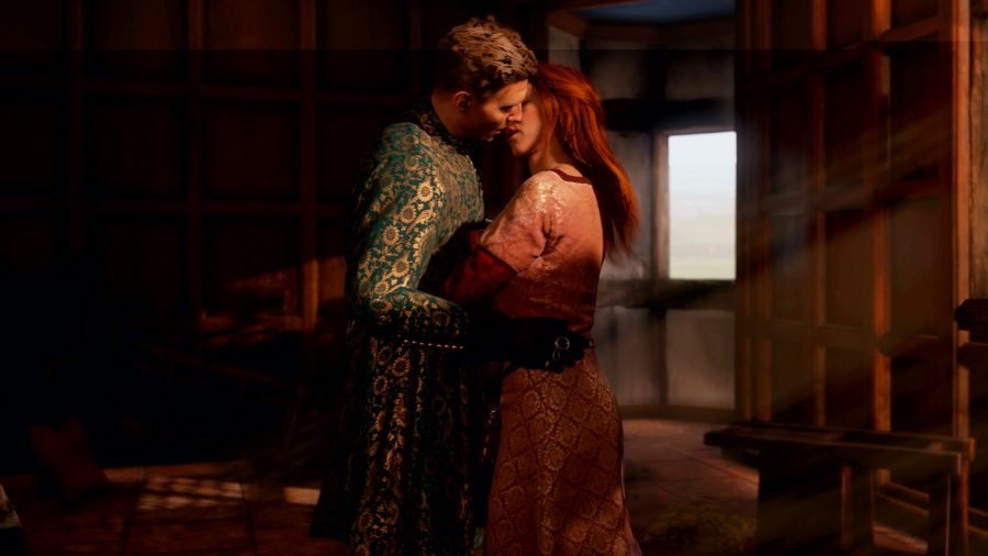 KCD2: A man and woman in medieval dress kiss with sunlight shining on them through a window