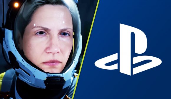 Returnal teaser third anniversary: Selene in her spacesuit next to the PlayStation logo