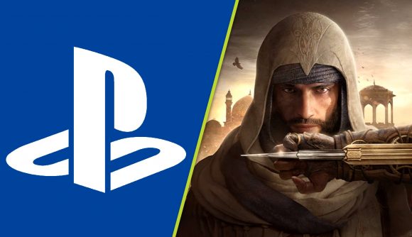 Assassins Creed Mirage PS5 sale: A split image showing the PlayStation logo on a blue background and Basim from assassin's Creed with a hood over his head and holding up his hidden blade