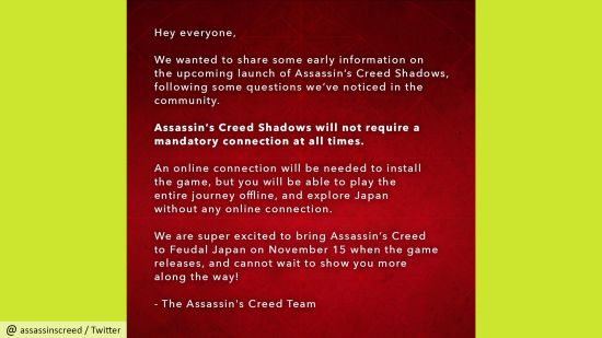 Assassin's Creed Shadows always online: the message from Ubisoft