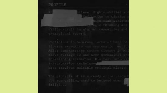 Black Ops 6 Adler: An image of a dossier for Russell Adler in Black Ops 6.
