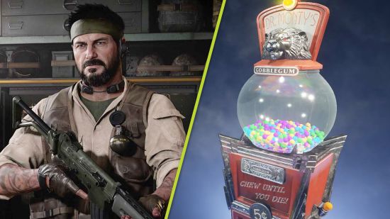 Black Ops 6 Zombies gobblegums: An image of Frank Wood in Black Ops Cold War and the Gobblegums machine from Black Ops 3.