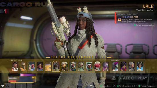 Concord release date: A character select menu in Concord, with a female sniper wearing a white outfit in the background