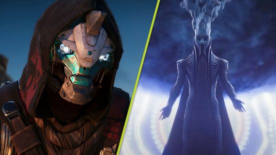 The Final Shape trailer: A split image showing Cayde with a red hood over his head and glowing eyes, and the Witness standing with arms outstretched