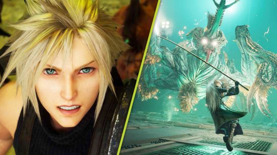 Final Fantasy 7 Rebirth combat system: Cloud next to Sephiroth fighting a large creature