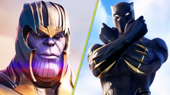 Fortnite Marvel Chapter 5, Season 3 Deadpool Fantastic Four: Thanos next to the Black Panther