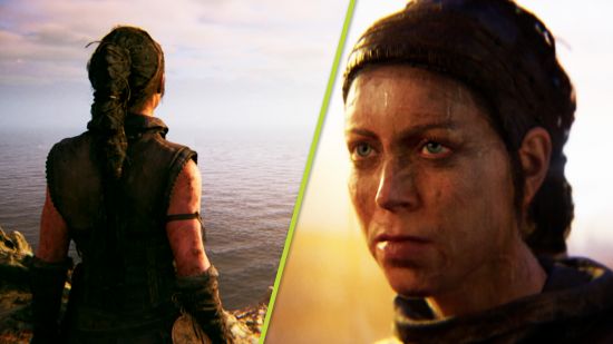 Hellblade 2 gameplay impressions: Senua staring out to the ocean next to a close-up of her face