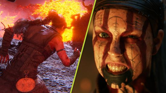 Hellblade 2 reviews: Senua running around a fiery arena, next to a close-up of her face
