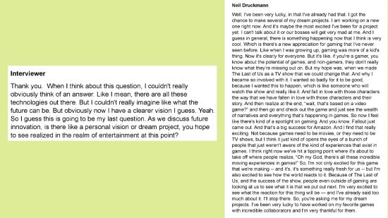 Neil Druckmann Naughty Dog Sony Interview: An image of Neil Druckmann's full Sony interview answer.