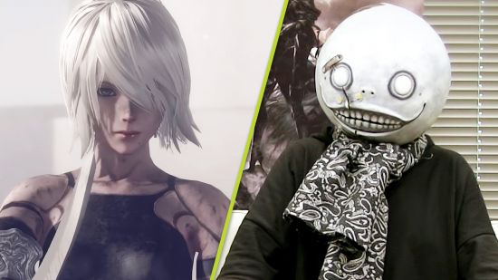NieR Yoko Taro new project Square Enix: A2 with her short white hair next to Yoko Taro wearing an Emil mask