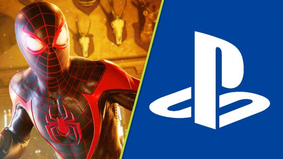PlayStation Showcase shadow-drop: Miles Morales in his red and black suit next to the PlayStation logo