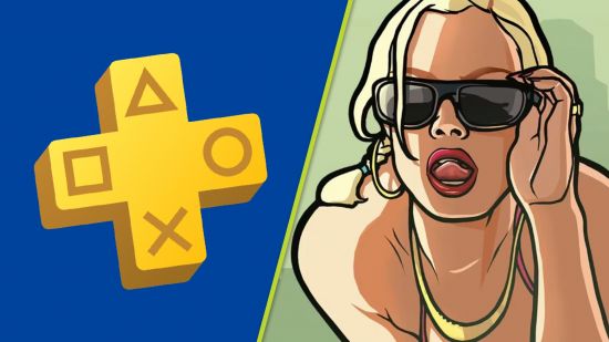 PS Plus games: A split image showing the yellow PS Plus logo on a blue background and key art from GTA San Andreas of a woman in sunglasses licking her top lip