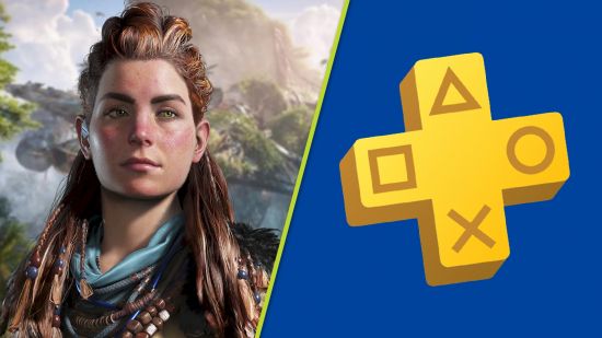 PS Plus Premium Extra: Aloy from Horizon Forbidden West stands in front of a scenic jungle backdrop, next to a yellow PS Plus logo against a blue background