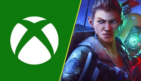 Xbox closes Redfall Hi-Fi Rush: A woman glares angrily while wearing a leather jacket, with a robot with a glowing eye behind her. A white Xbox logo on a green background is next to her