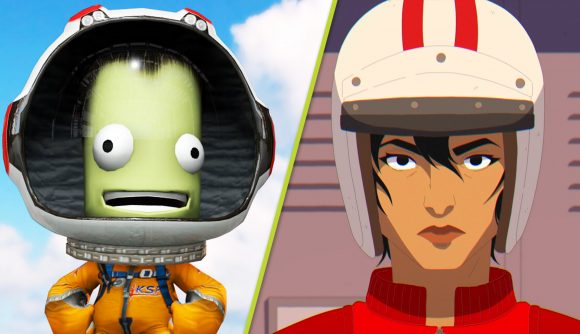 Take Two layoffs Kerbal Space Program 2 Rollerdrome: a green alien in an astronaut suit next to a woman in a crash helmet