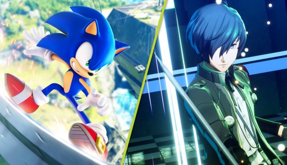 Sega Like a Dragon Persona Sonic annual release: Sonic the Hedgehog next to a blue-haired boy with a sword