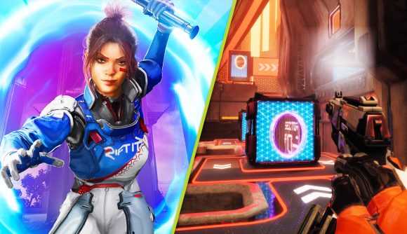 Splitgate sequel teaser: a woman wearing a blue and white outfit next to a first-person POV of the Splitgate maps