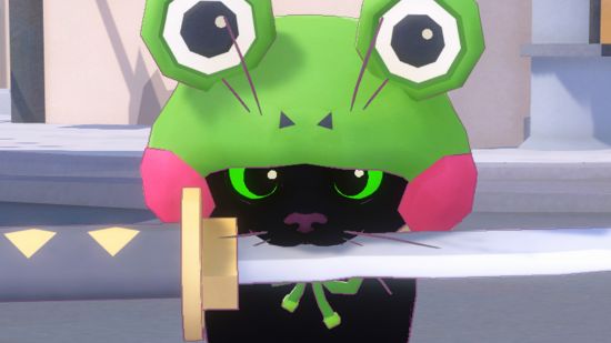 Xbox Game Pass Little Kitty Big City: a cat wearing a frog hat holding a sword in its mouth