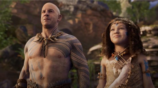 Xbox showcase predictions: A man and his daughter wearing tribal gear look up at the sky smiling