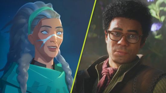 Xbox Showcase predictions: A split image showing a woman with long grey hair and blue markings on her face and a man wearing large glasses and a brown coat