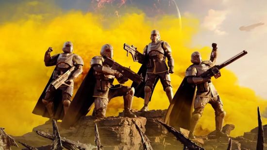 Xbox Showcase predictions: A group of soldiers in grey armor, helmets, and capes pose victoriously with yellow smoke behind them