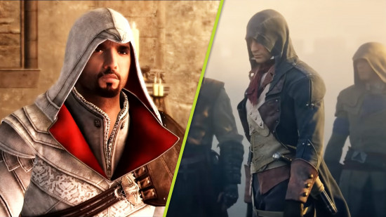 Assassin's Creed Remakes: An image of Ezio in Assassin's Creed 2 and the assassins in Unity.
