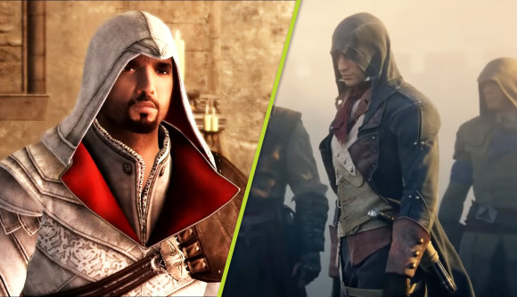 Assassin's Creed Remakes: An image of Ezio in Assassin's Creed 2 and the assassins in Unity.