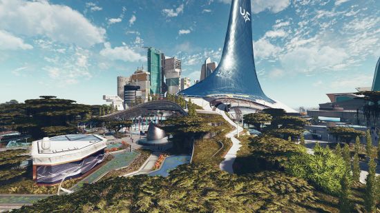 Best Xbox open-world games: a view of a futuristic Starfield city