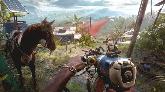 Best Xbox open-world games: a person holding a strange weapon next to a horse