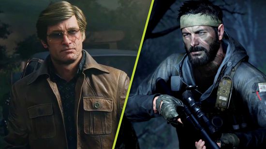 Black Ops 6 story: A split image showing Call of Duty characters Russell Adler in a brown leather jacket and Frank Woods in black military gear and a beige headband