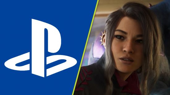 Concord game modes: A split image showing a white playstation logo on a blue background and a woman with long hair and a spiked earring looking confused