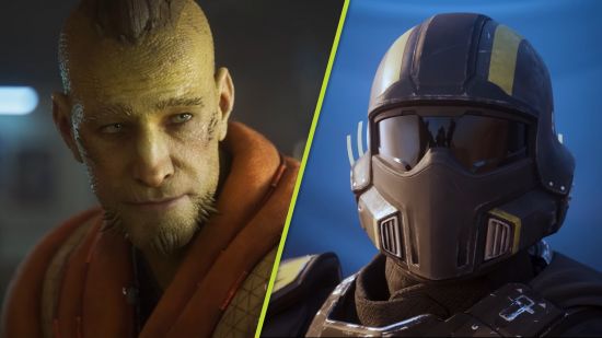 Concord price: A green-skinned man in an orange robe and a helmeted soldier from Helldivers 2