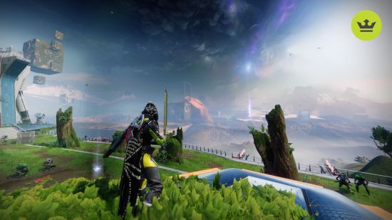 Destiny 2 The Final Shape: A wide third-person screenshot of a Destiny character holding a sword and looking out at a view with a stormy sky
