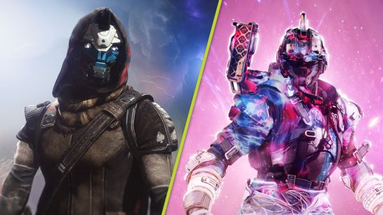 Destiny 2 The Final Shape cutscenes: A split image showing Cayde with a stormy sky behind him and a Guardian surrounded by a magical pink aura