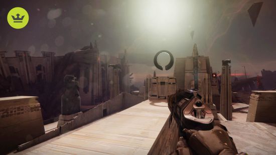 Destiny 2 The Final Shape: A first-person POV of someone holding a black pistol and looking out at a mysterious structure