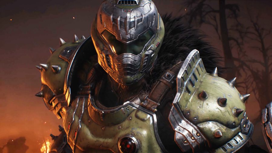 Doom The Dark Ages: the Doom Slayer in his patented greenish armor with a fur cape