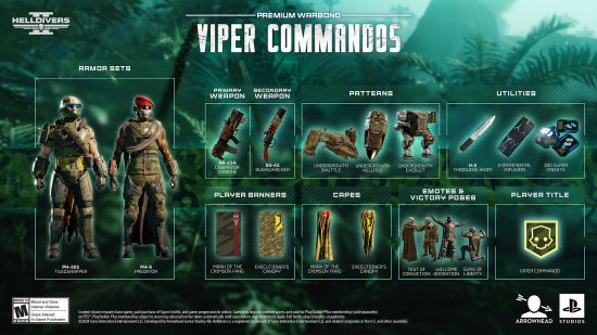 Helldivers 2 Viper Commandos: An image of the cosmetics on the Helldivers 2 Viper Commandos Warbond.