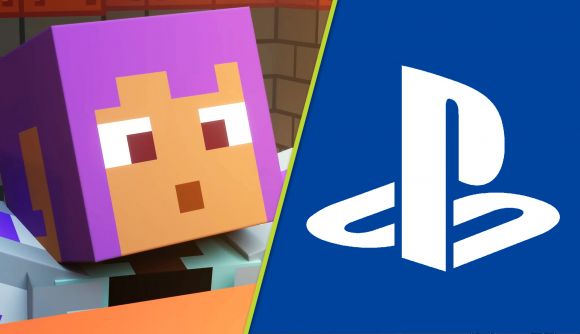 Minecraft PS5 version: a block-headed Minecraft character with purple hair next to the PlayStation logo