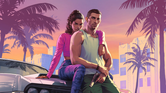 New PS5 games: The key art for GTA 6 that shows a woman and man sat on the hood of a car. The man is holding a pistol