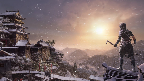 New PS5 games: Someone standing on top of a ledge looking at a snow-covered shrine