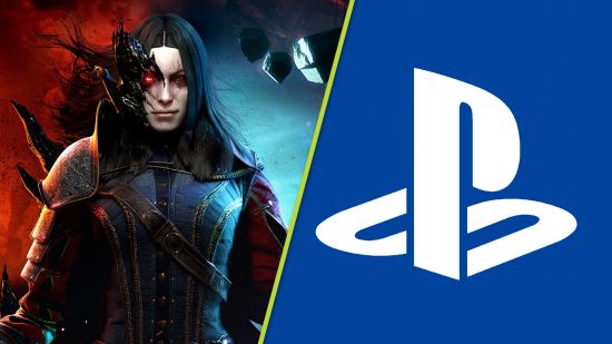 New World PS5: An image of a warrior in New World and the PlayStation logo.