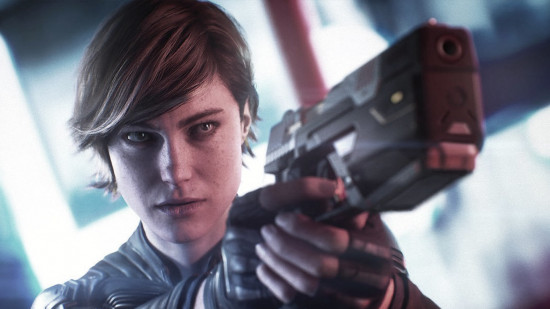 New Xbox games: A woman with short brown hair aims a pistol