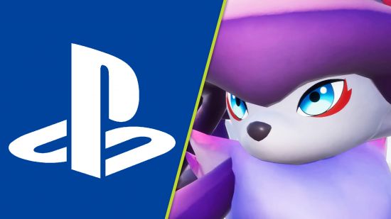 Palworld PS5 tease Bucky: a purple fox-like pal next to the PlayStation logo