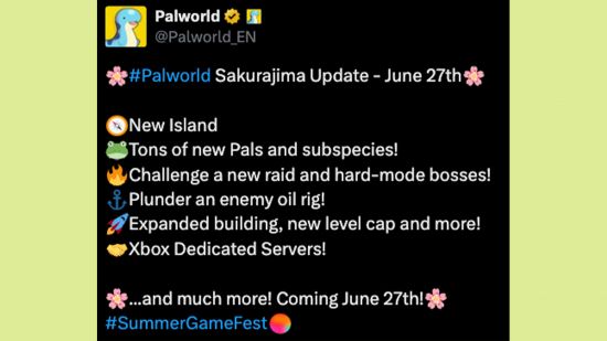 Palworld Sakurajima Update: An image of all the features listed in the Palworld Sakurajima update.
