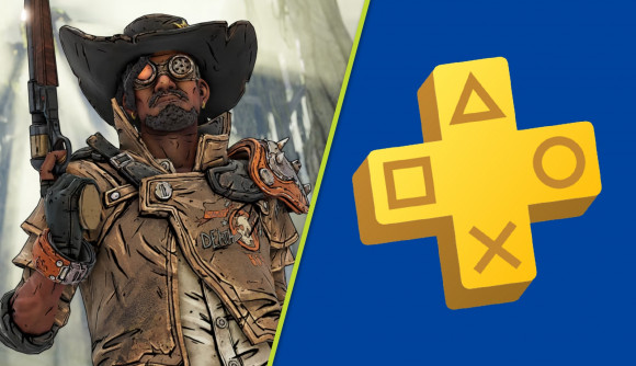 PS Plus free games: A split image of a man in tattered cowboy gear holding up a shotgun and a yellow PS Plus logo against a blue background