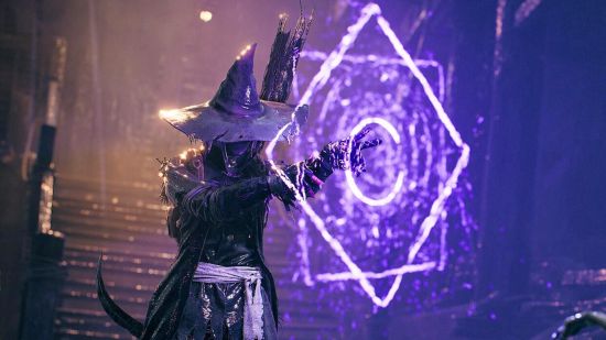 Remnant 2 classes: A person in a black outfit and witch's hat casts a purple rune in front of them