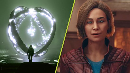 Starfield Xbox mods: A split image showing a figure staring up at a giant glowing monument, and a woman in a burgundy leather jacket