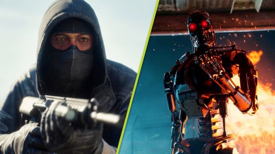 Terminator Survivors release date: A split image showing a hooded and face-masked man holding a gun, and a Terminator unit with a fiery explosion in the background
