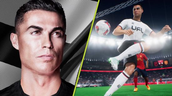 UFL open beta: Ronaldo next to an in-game representation of him playing soccer